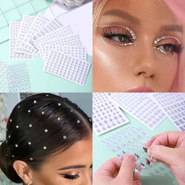 Transfert de tatouage Crystal Sticker Sticker Fasial Rhingestone Body Brow Jewels Self Adhesive 3d Face Hair Gems Fairy Party Makeup Decoration 240426