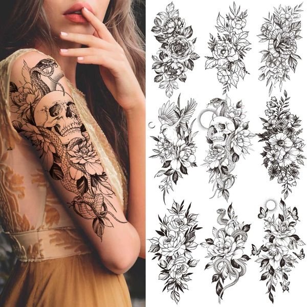 Tatouage Transfert Death Skull Fleur Tatouage temporaire pour les femmes Girls Snake Bird Péony Tatoo Autocollant noir Fake Blossom Sexy Tatoo Transfer Adult 240426