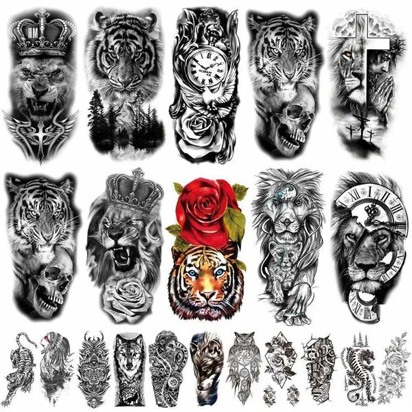 Transfert de tatouage pour femmes hommes Grand Lion tribal guerrier Tiger Wolf Tatouage temporaire tatouage Souleur de tatouage noir Autocollant de tatouage noir Stickers de tatouage 240427