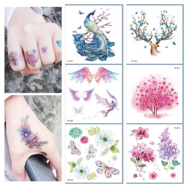 Tatouage Transfert de paillettes poudre Tatouage Disposable Corps temporaire Sticker Gradient Couleur 3D Butterfly Peacock Unicorn Tatouage Tempaire 240426