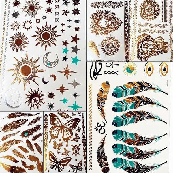 Transfert de tatouage Gold Sun Silver Moon Tatouage temporaire Autocollants Femmes Kids Kids Body Art Star Feather Golden Metallic Water Transfer Flash Tatoo Child 240427