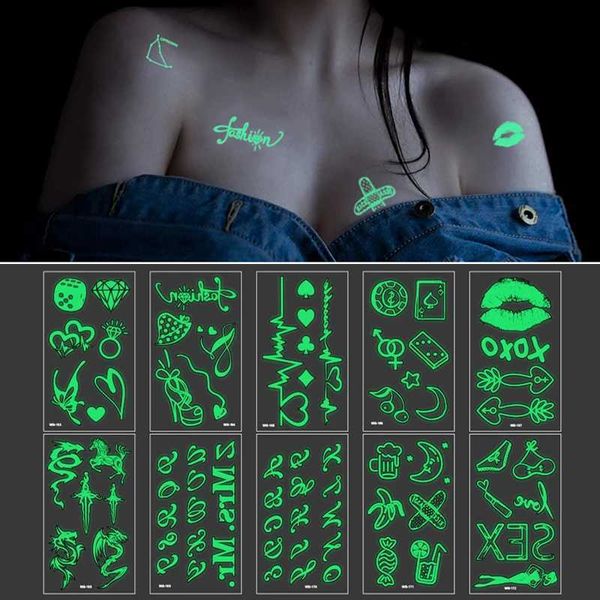Transfert de tatouage Lumineux Glow Tatouer Autocollant étanche Tatoo Tatoo Small Finger Faux Tatto pour l'art corporel Holloween Women Men Yzl 240427