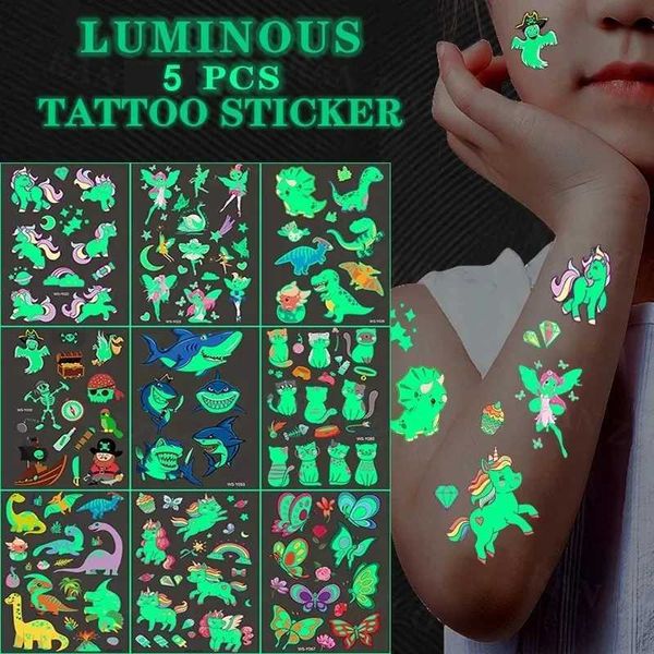 Transfert de tatouage Autocollants de tatouage lumineux Colorful Animal Sirène Dinosaure Space Unicorn Cute Tattoo Stickers Childrens Corps 5PCS / SET 240426