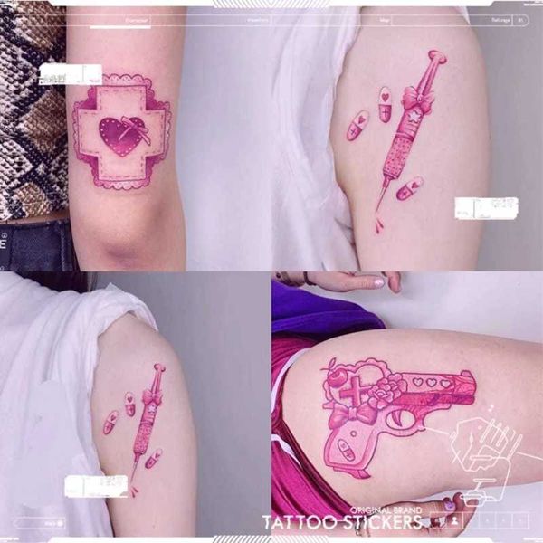 Tattoo Transfer New Girl Gun Combination Pink Tattoo Pegatros de tatuaje Femenino 4 Patrones impermeables