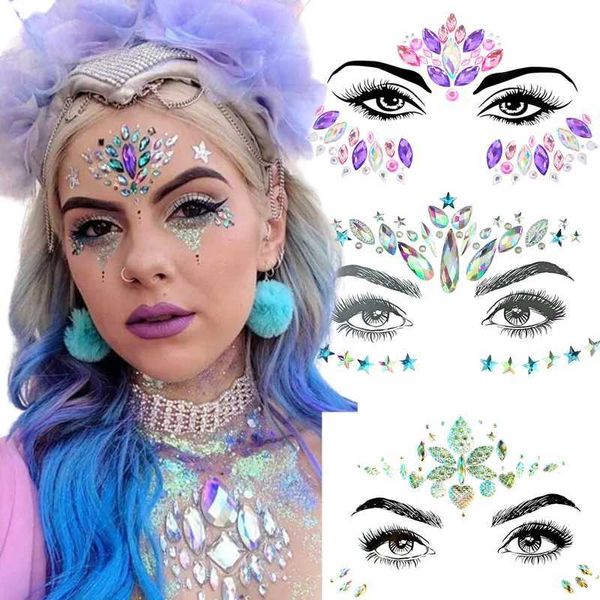 Transfert de tatouage Nouvelle sirène 3D Crystal Tatouer Autocollant Autocollants Eyes Autocollant Party Face Stickers Face Decoration Diamond Masquerade Tattoo 240426