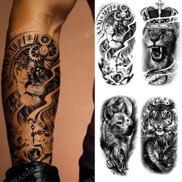 Transfert de tatouage Nouveau autocollant de tatouage temporaire imperméable Lion King Tiger Wolf Forest Mechanical Boat Wild Men Art Body Arm Arm FaToo Tatoo Women 240427