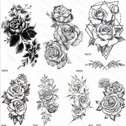 Transfert de tatouage Omggo Hot 3D Black Henné Fleur Rose Rose Tatouages temporaires pour filles Femmes Tatouage Sticker Leaf Custom Wholesale Tatoos Body Art Kit 240427