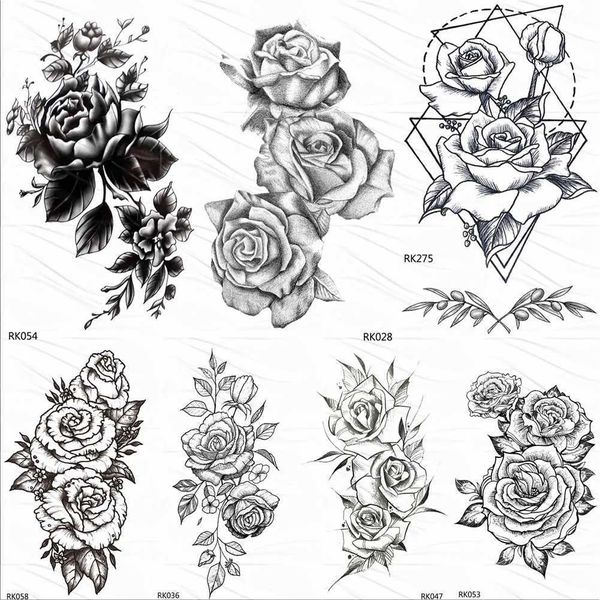 Tattoo Transfer Ommgo Hot 3d Black Henna Flower Rose Tatuaje temporal para niñas Mujeres Pegatina Tattoo Hoja personalizada al por mayor Tatoos Body Art Kit 240427