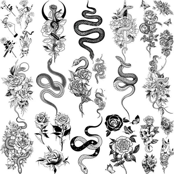 Transferencia del tatuaje Tatuaje temporal de serpiente realista para mujeres Adulto Flower Flower Peony Butterfly Fake Tattoo Tattow Cuel Hands Tatoos Small Tatoos 240427