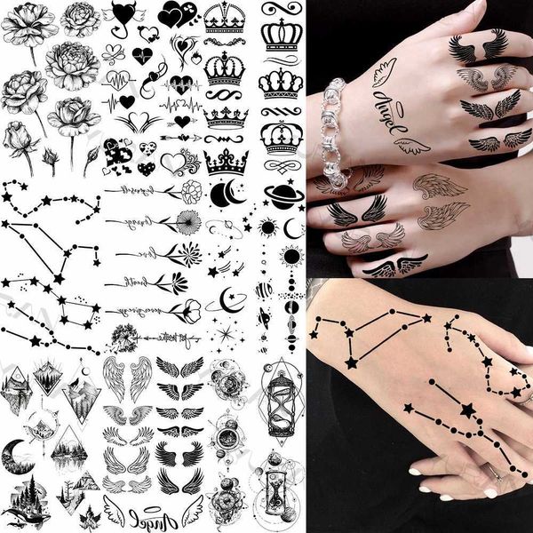 Transfert de tatouage Aile réaliste Constellation Tatouages temporaires pour les femmes adultes Fake Flowers Crow