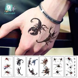 Tattoo -overdracht Rocooart 3D Scorpion Tattoo Stickers Spider Tijdelijke Tattoo Halloween Joke Fake Tattoo Body Art Tatuajes voor make -upfeest Taty 240427
