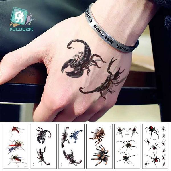 Transfert de tatouage Rocoart 3d Scorpion Autocollants de tatouage Spider Tatoo Tattoo Halloween Joke Faux Tattoo Body Art Tatuajes pour le maquillage Taty 240427