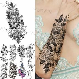 Transferencia de tatuaje Sexy Black Flower Butterfly Tatuajes temporales para mujeres Men Musos Men Fake Rose Rose Compass Falso Tatoos Forbraú