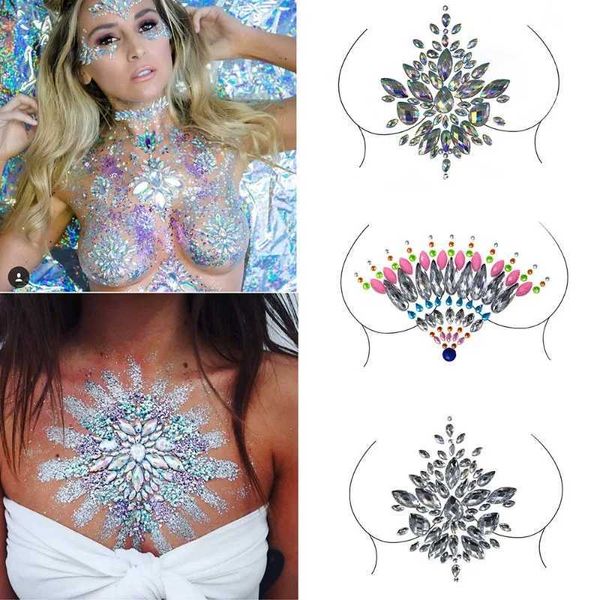 Transfert de tatouage Autocollants de poitrine sexy Crystal Resin Diamond Tattoo Autocollants Music Festival Party Bar Fashion Stickers Acryliques Choits Decorations 240426