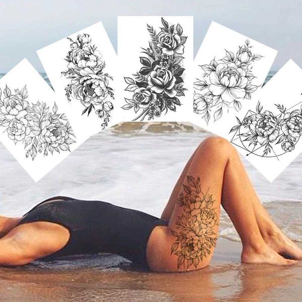Transfert de tatouage Tatouage temporaire de fleur sexy pour les femmes peinture art peinture des jambes bras tatouages autocollants réalistes faux noirs étanches de rose tatouage 240427
