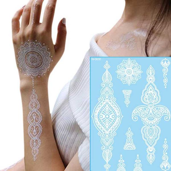 Transfert de tatouage Mandala Henné tatouage étanche en dentelle blanche Autocollant tatouage tatouage temporaire art de la mariée longue dure du mariage de la mariée