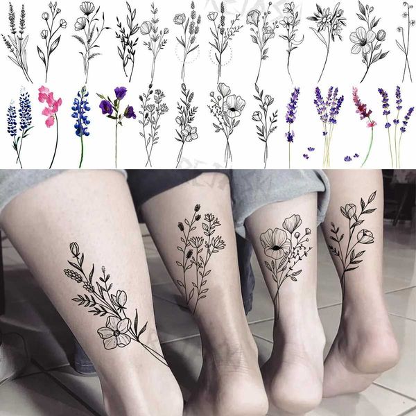 Transfert de tatouage petite fleur de pavot tatouages temporaires pour femmes adultes lavande réaliste faux tatouage autocollant corporel art transfert d'eau tatoos 240427