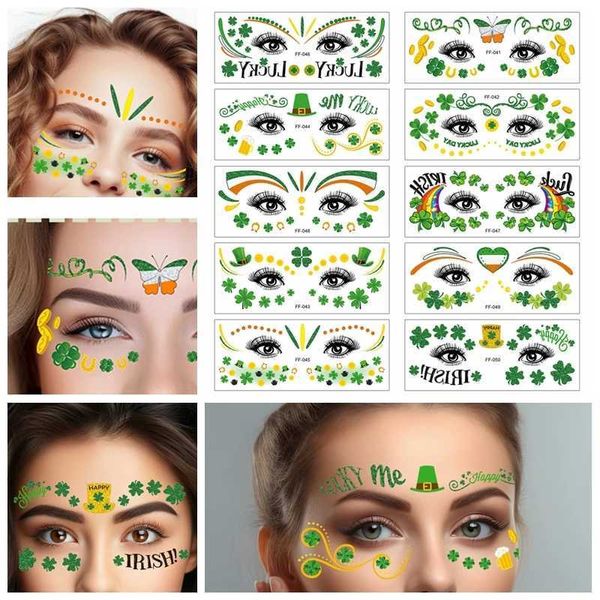 Tatouage Transfert St Patrick S Day Shamrock Leaf Skin Tattoo Autocollant temporaire imperméable Irish St Patricks Party False Tattoo Clover Coin 240427