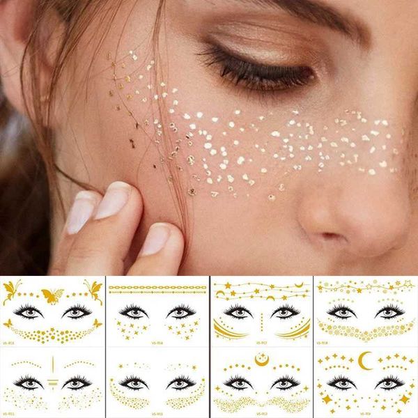 Transfert de tatouage Oeil temporaire Tatouage Autocollant Gol Stickers Stickers Face Makeup Beauty Moon Stars Face Jewels Tattoo Termrophed Wedding Bride 240426