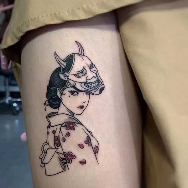 Transfert de tatouage Tattoo Tattoo Devil masque japonais Geisha Movie Girl Corps Art Transfert Water FaToo Tatoo Flash Tatto Sticker for Men Women 240427