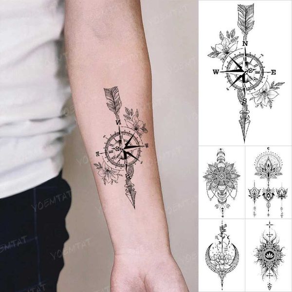 Transfert de tatouage Transfert de tatouage temporaire Autocollant flèche lavable Compass Lotus Hand Small Tatoo Kids Flash Body Art Faux Tatto Men Femmes 240427