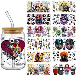 Tattoo -overdracht UV DTF Cup Wrap Transfer Stickers voor Glass Jack en Sally Wrijven op transfers sticker voor 16 oz glazen bekers meubels houten ambacht 240426