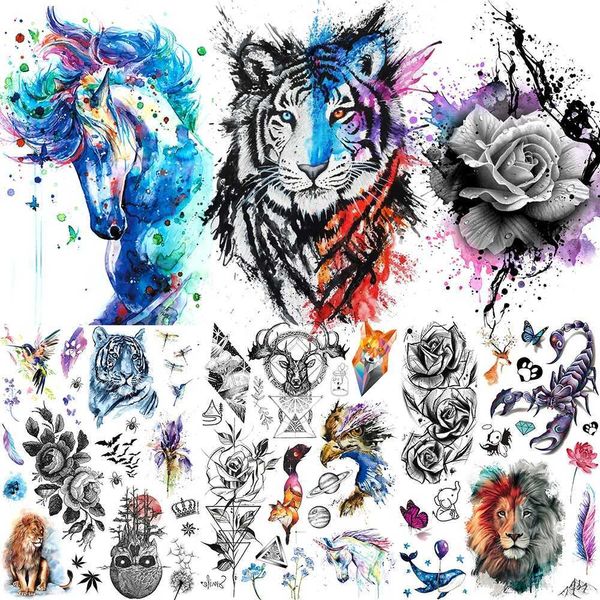 Transfert de tatouage aquarelle Blue Unicorn Horse Tattoo Tatoo Stickers Femme Men Bdoy Arr TRAUS FAUX FLASH Water Transfert Tattoo Alz-128 240426