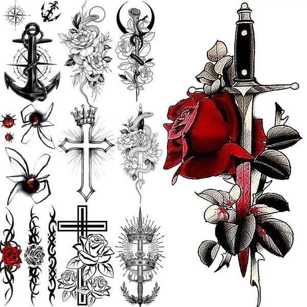 Transfert de tatouage Aquarelle de fleur de fleur tatouages temporaires pour adultes hommes ancre croix couronne tatoos araignée serpent faux tatouage autocollant corps arbitaire 240426