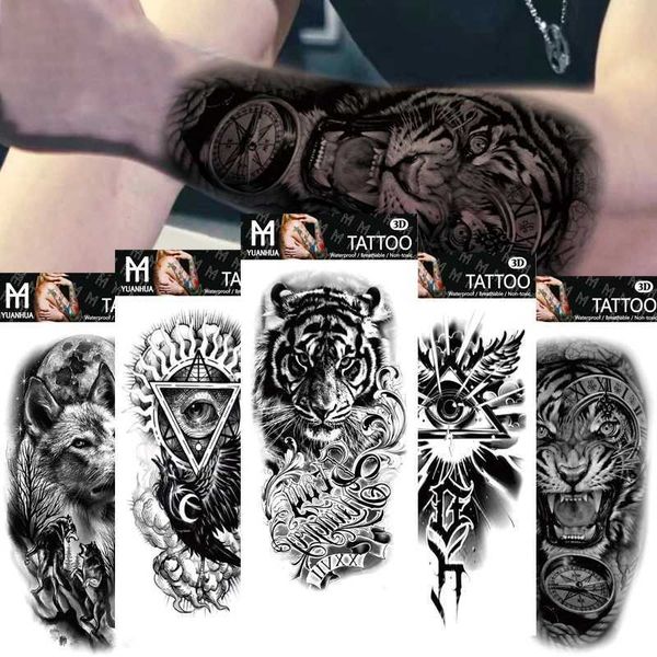 Transfert de tatouage imperméable temporaire faux tatouage Upving Arm Human Wolf Head Totem Arabe Texte de faux tatouage Stickers féminins masculins 240426