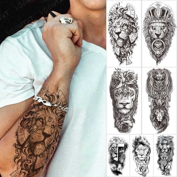 Transfert de tatouage étanche à manches temporaires bras tatouage autocollant lion horloge tigre d'équipement squelette rose tatouages art du corps faux tatoo hommes femmes noir 240427