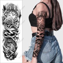Tattoo -overdracht Waterdichte tijdelijke Tattoo Sticker Rose Skull Head Clock Fake Tatto Flash Tatoo Arm Tato voor Girl Women 240427
