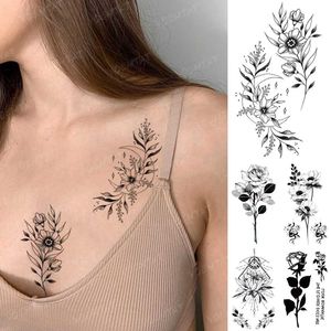 Transfert de tatouage étanche à tatouage temporaire autocollant noir fleur simple fleur rose sexy femme flash tatoo gamin poignet de la cheville art faux tatouage hommes 240427