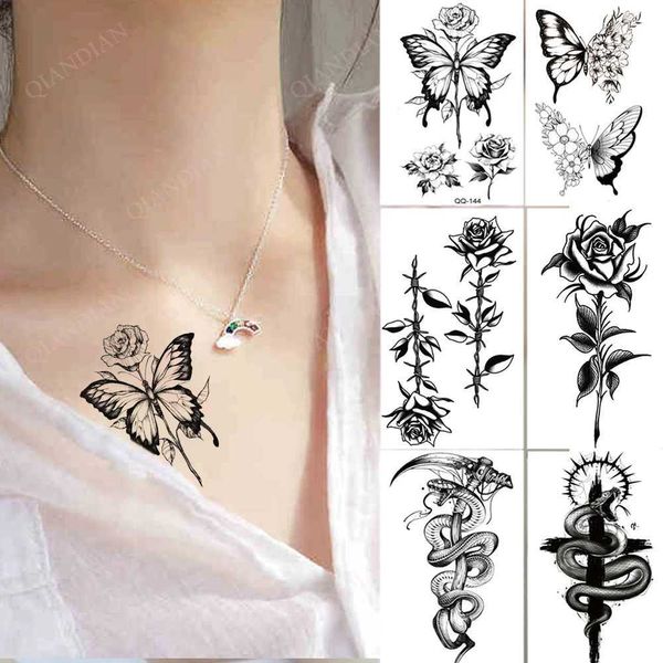 Transfert de tatouage étanche à tatouage temporaire autocollants papillon Snake rose fleur pistolet noir flash petite femme art corporel manche faux tatouages hommes 240427