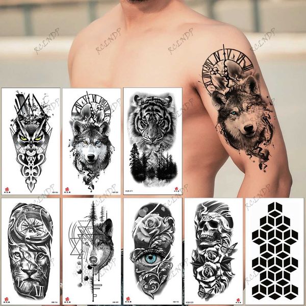 Transfert de tatouage étanche à tatouage temporaire choul wolf tigre lion thel the the the horloge flower faux tatou flash tatoo bras tato for hommes 240426