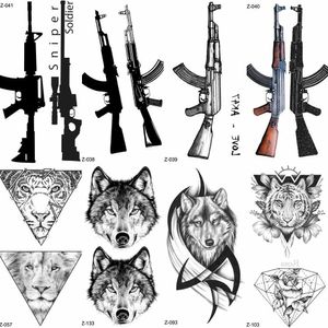 Tattoo overdracht yuran zwart geweer pistool tijdelijke tattoo stickers vrouwen sluipschutter waterdichte tatoo ak akm m4 soldaat mannen pols nep tattoo wolf totem 240426