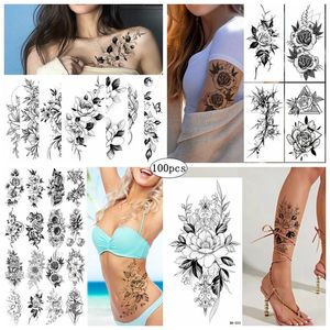 Tatouages 100pc en gros de fleurs en gros étanche à tatouage temporaire autocollants femelle noire rose belle mode art faux tatouage tatouage poitrine de poitrine