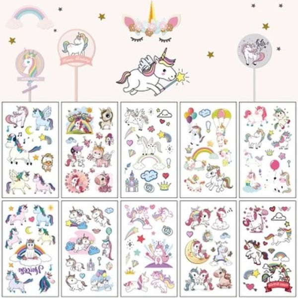 Tatouages 10pcs dessin animé Unicorn tatouage tatouage tatouage temporaire couleur faux tatouage