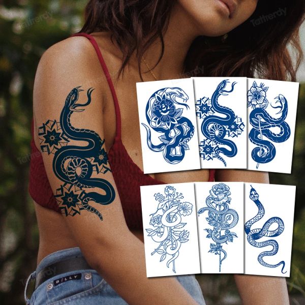 Tatuajes 16 Unids / lote venta al por mayor etiqueta engomada del tatuaje temporal jugo de hierbas naturales tinta arte corporal serpiente dragón rosa flor tatuaje falso de larga duración