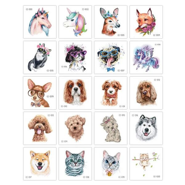 Tatouages 20 pcs / ensemble dessin animé tatouages Enfants de fête maquillage chat chat chien licorne papillon temporaire art corporel autocollants