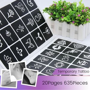 Tatuajes 635 unids/lote pegatina reutilizable plantillas de tatuaje carpeta plantilla de pintura aerógrafo brillo Henna plantilla de tatuaje conjunto álbum estilo fijo