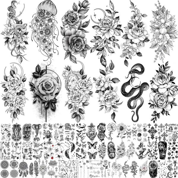 Tatouages 64 feuilles fleur sexy tatouages temporaires pour femmes bras faux méduse lune rose tatouage 3D serpent tatouages autocollant pivoine florale décalque