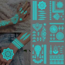 Tatoeages 6 stcs blauw lichtgevende tattoo witte henna mandala waterdichte tijdelijke tattoo sticker abstract bloemen kanten nep tatoeages vrouwen hand