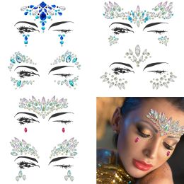 Tatouages 6pcs sirène face bijoux joyaux gemmes strass rave corps oeil autocollants temporaires de cristal d'autocollants pour visage décorations pour la fête du festival