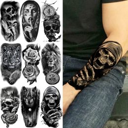 Tatuajes Skeleton de Halloween Skeleton Tattoo temporal para hombres Adultos Realista Lion Tiger Wolf Tatón de tatuaje falso de miedo