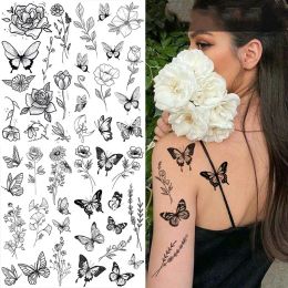 Tattoos Butterfly Fake Tattoo for Woman Black Flower Tattoo Sketch Tattoo Sticker Rose Blossom Tattoo Temporary Waterproof