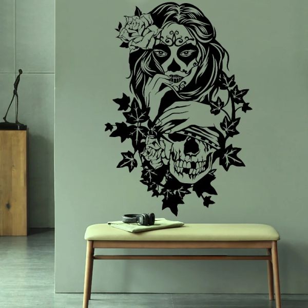 Tatouages bonbons sucre crâne floral fille en vinyle stickers muraux jour de la salle de décoration mortelle tatouage studio autocollant sorcier muraux z582