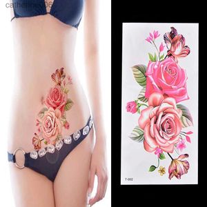 Tatoeages Gekleurde Tekening Stickers 1 Vel Nieuwe Fake Tijdelijke Tattoo Sticker Kleurrijke Roze Roos Bloem Arm Lichaam Waterdichte Vrouwen Art TattooL231128