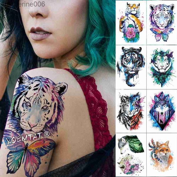 Tatouages colorés dessin autocollants 1 feuille animal faux tatouage autocollant loup tigre renard cool temporaire étanche corps art tatoo coloré dessiner pour femmes hommes l231128