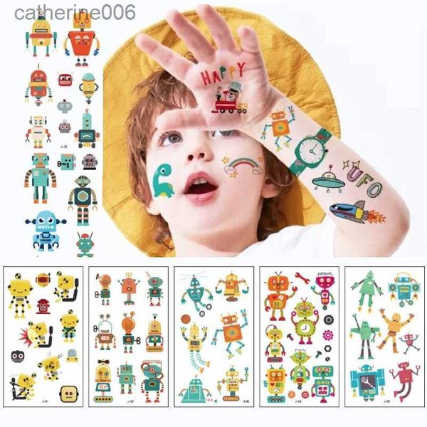 Tatouages autocollants de dessin colorés 10 pièces/lot autocollants de tatouage temporaire pour enfants Robot imperméable faux enfants enfant bricolage tatouage de l'espace extra-atmosphérique dinosaure noël L231128