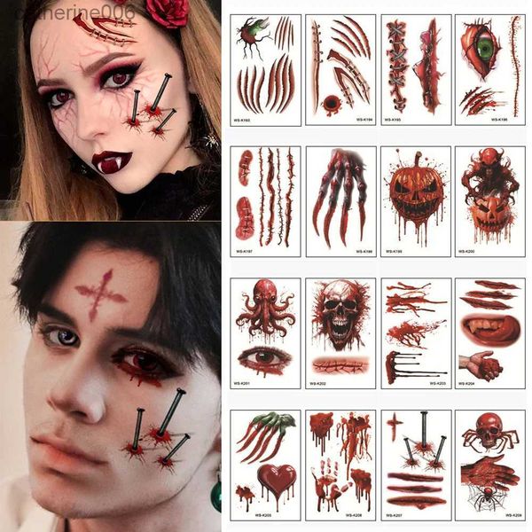 Tatuajes Pegatinas de dibujo de colores 16 piezas/lote pegatinas de tatuaje de maquillaje de cara de herida para la noche de Halloween tatuajes temporales para hombres mujeres cicatriz sangrante tatuaje falso L231128